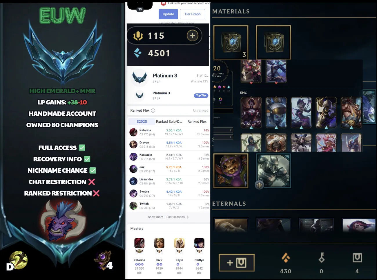 🌍 EUW 🔒 Handlevel ⚡️ Platinum III (87 LP) 🥇 Mid Main ✨️ WR:73% 🔥 Max LP Gians 📧 Full Access Account ✅ #SBL-6R5