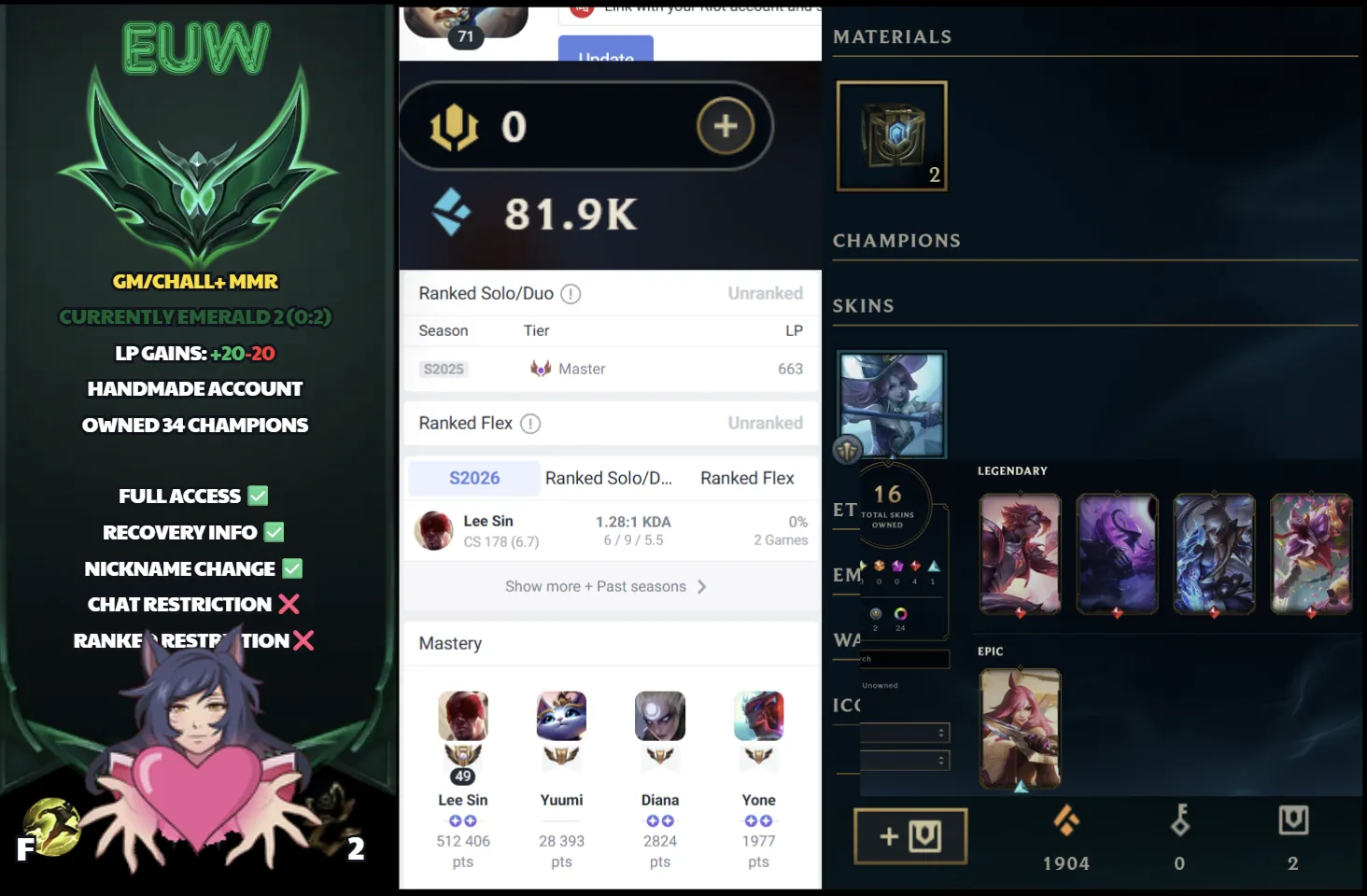 🌍 EUW 👑 Season 16 (Current) 🔥 Emerald II 💎️ GM/CHALL MMR ✨️ 820LP Peak S15 🔐 Lifetime Ownership 🏷️ #SBL-U4P