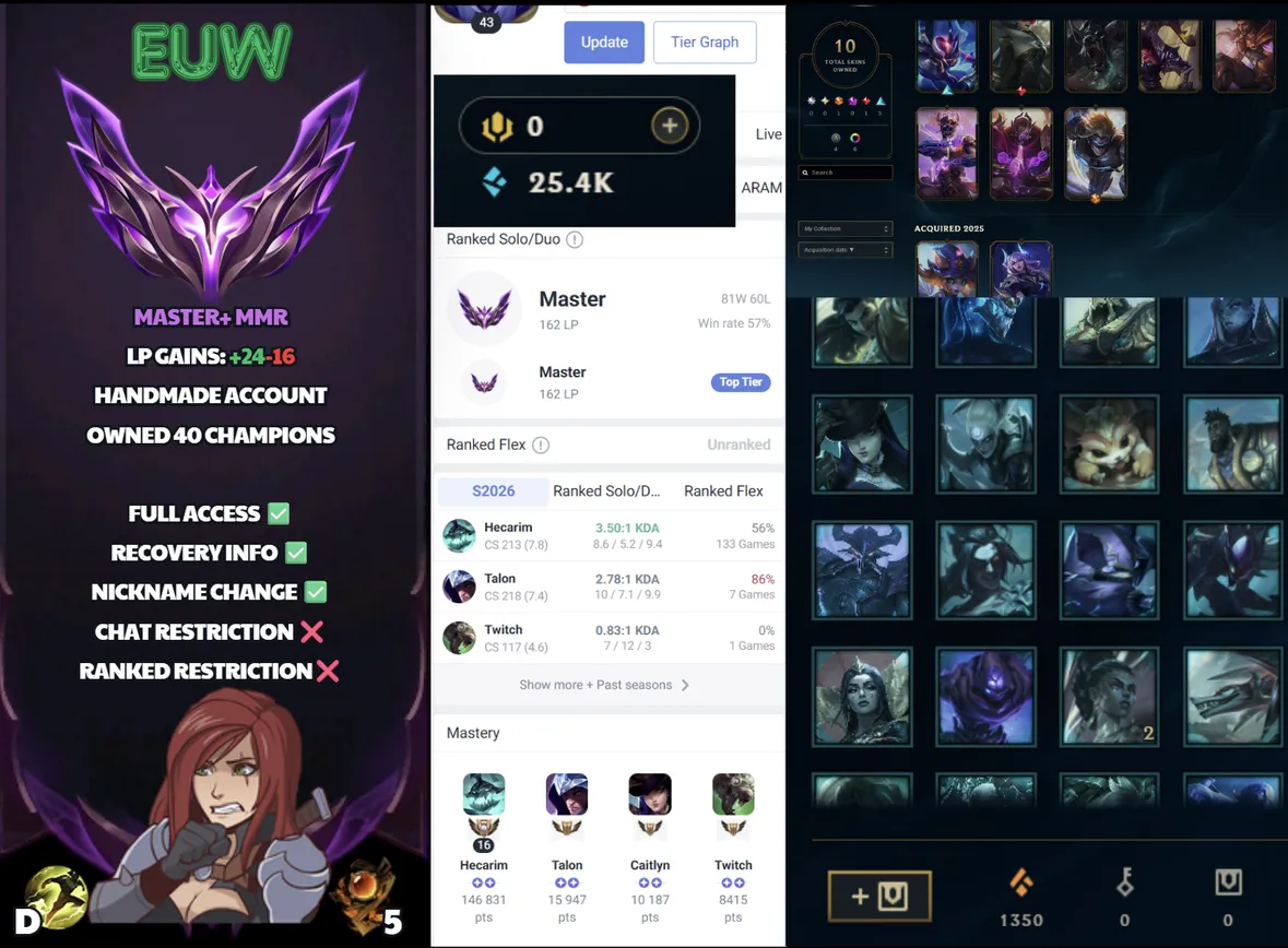 🌍 EUW 👑 Season 16 (Current) 🔥 Master (162 LP) 📌️ JNG Main 💎️ +24LP Gains ✨️ Master+ MMR 🔐 Lifetime Ownership 🏷️ #SBL-9D1