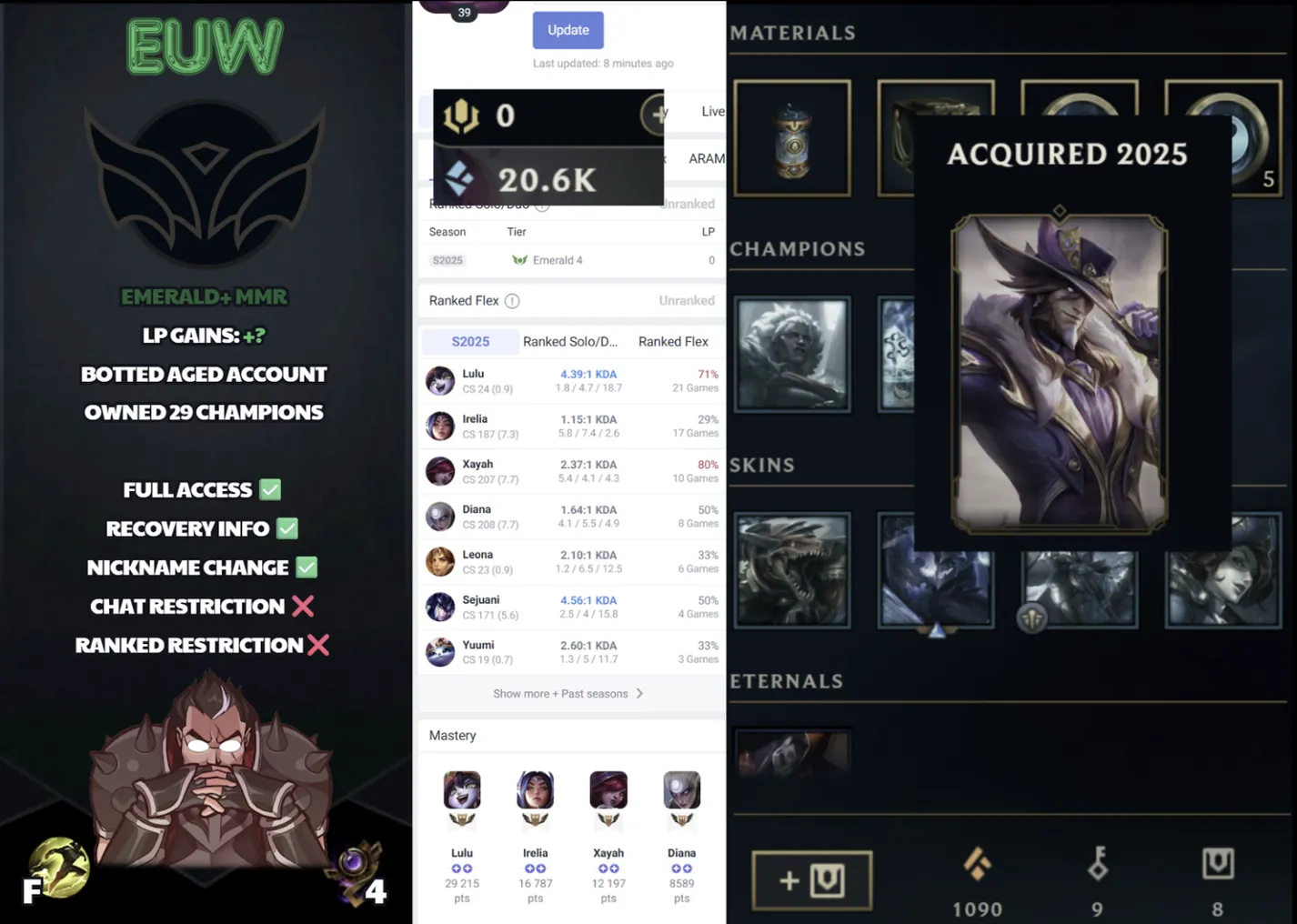 🌍 EUW 🔒 Handlevel ⚡️ Unranked 🥇 Emerald S15 ✨️ Emerald+ MMR 🔥 Lifetime Ownership Account ✅ #SBL-3JJ