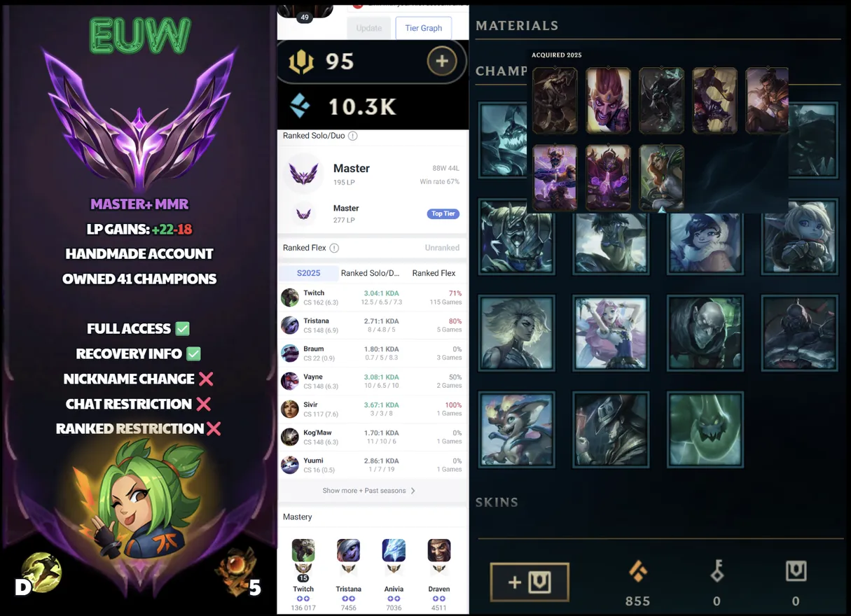 🌍 EUW 🔒 Handlevel ⚡️ Master I (195 LP) 🥇 ADC Main ✨️ WR:67% 🔥 +22LP Gains 📧 Full Access Account ✅ #SBL-M9E