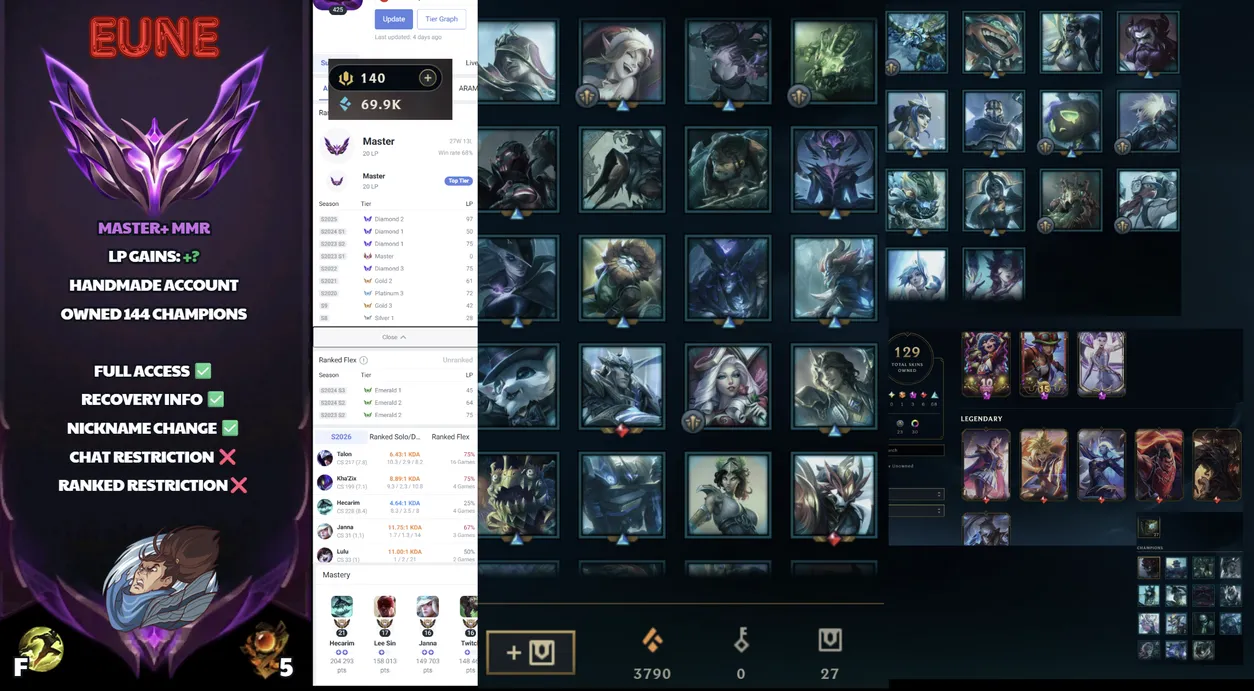 🌍 EUNE 👑 Season 16 (Current) 🔥 Master (20 LP) 📌️ Jungle Main 💎️ WR:68% ✨️ 129 Skins 🔐 Lifetime Ownership 🏷️ #SBL-7S8