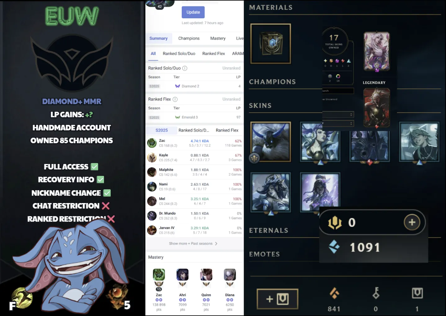🌍 EUW 🔒 Handlevel ⚡️ Unranked 🥇 Diamond II Season 2025 ✨️ Diamond+ MMR 📧 Full Access Account ✅ #SBL-8H9