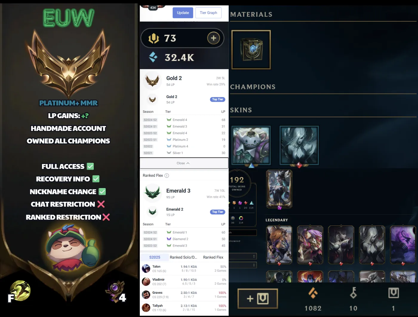 🌍 EUW 🔒 Handlevel ⚡️ Gold II (54 LP) 🥇 Jungle Main ✨️ 192 Skins 🔥 All Champs  📧 Full Access Account ✅ #SBL-2J4