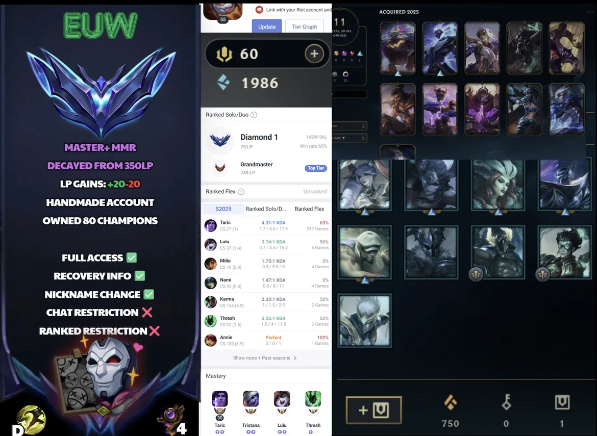 🌍 EUW 🔒 Handlevel ⚡️ Diamond I (75 LP) ✨️ WR:60% 🔥 Decay from 350LP & 749LP Grandmaster Peak 📧 Full Access Account ✅ #SBL-QD5