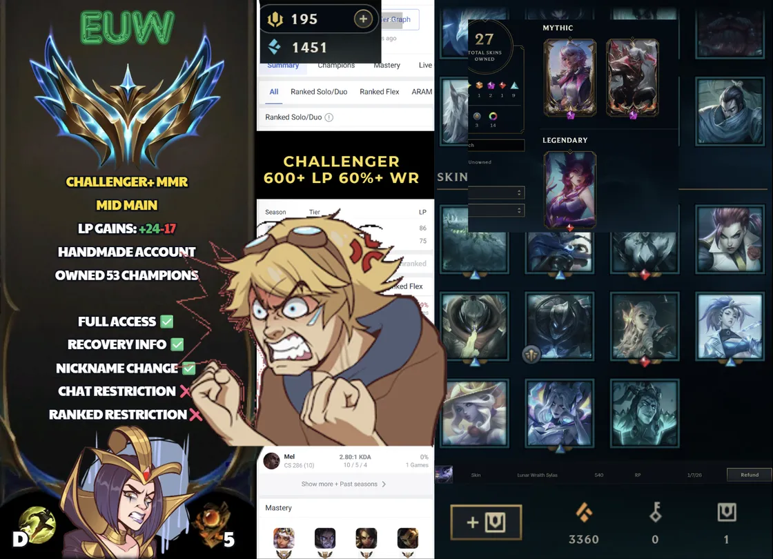 🌍 EUW 🟢 Season 2026 🏅 Challenger 📌️ Mid Main ✨️ WR:64% 🔥 +24LP Gains  🔐 Lifetime Ownership 🏷️ #SBL-X4G