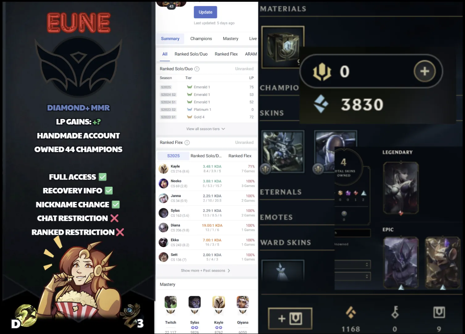 🌍 EUNE 🔒 Handlevel ⚡️ Unranked 🥇 Diamond Peak S15 ✨️ Diamond+ MMR 📧 Full Access Account ✅ #SBL-2Z2