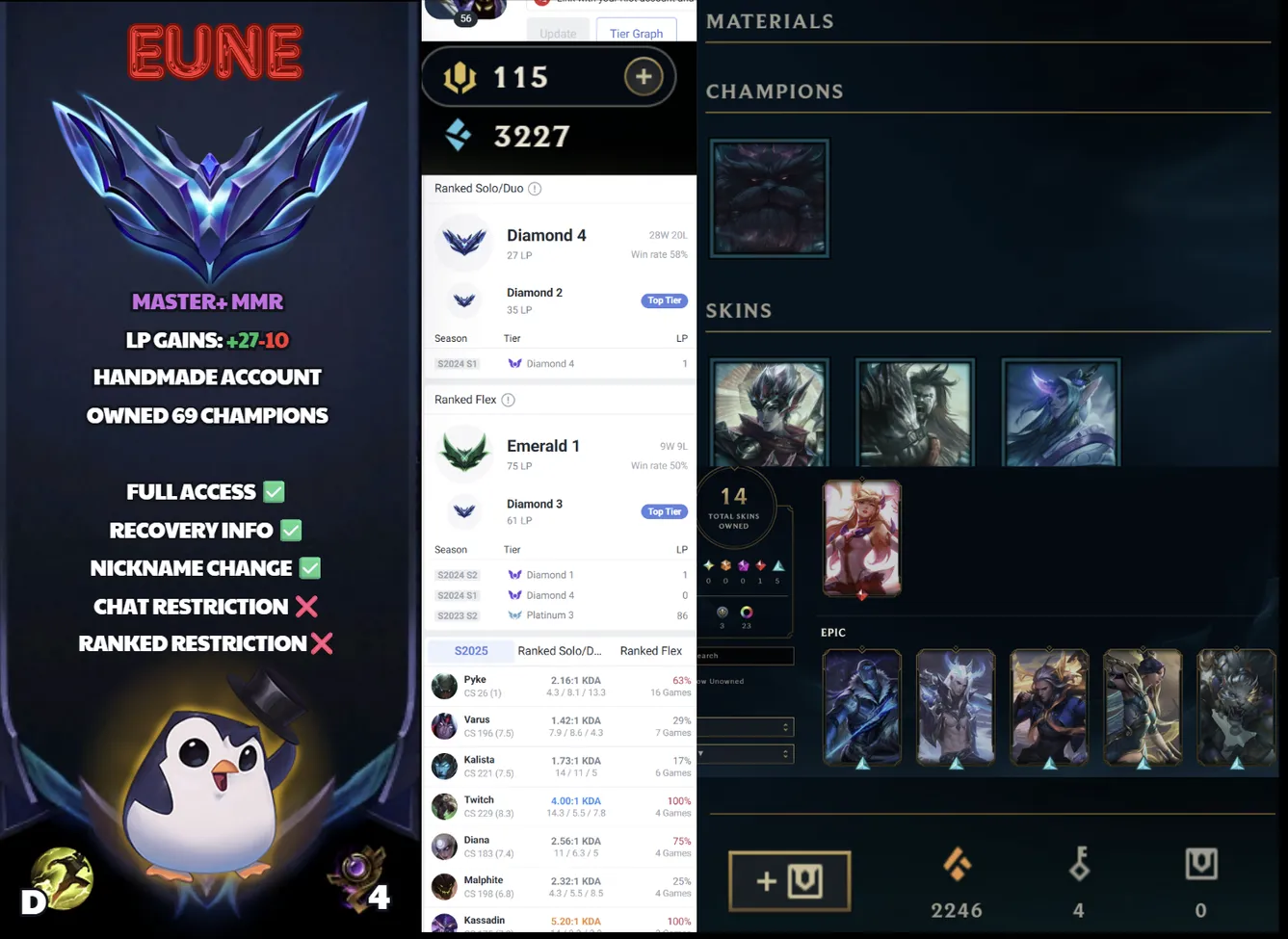 🌍 EUNE 🔒 Handlevel ⚡️Diamond IV (27 LP) 🥇 Support/Adc ✨️ Master+ MMR 🔥 69 Champs + 14 Skins 📧 Full Access Account ✅ #SBL-R7M