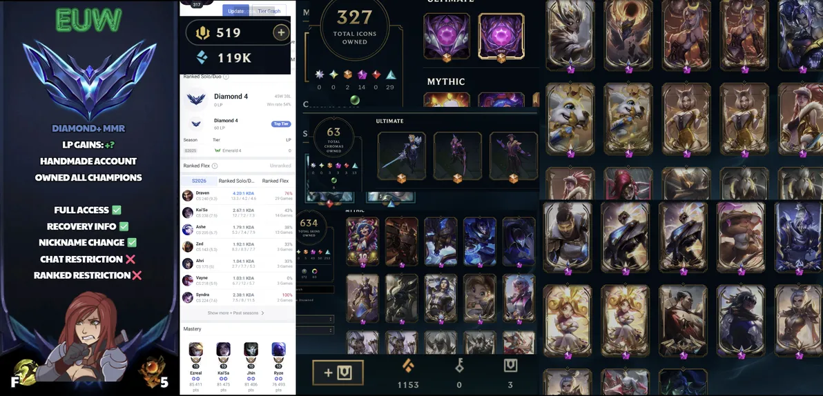 🌍 EUW 👑 Season 16 (Current) 🔥 Diamond IV 📌️ ADC Main 💎️ Insane Loot ✨️ Prestige Collection 🔐 Lifetime Ownership 🏷️ #SBL-S0T