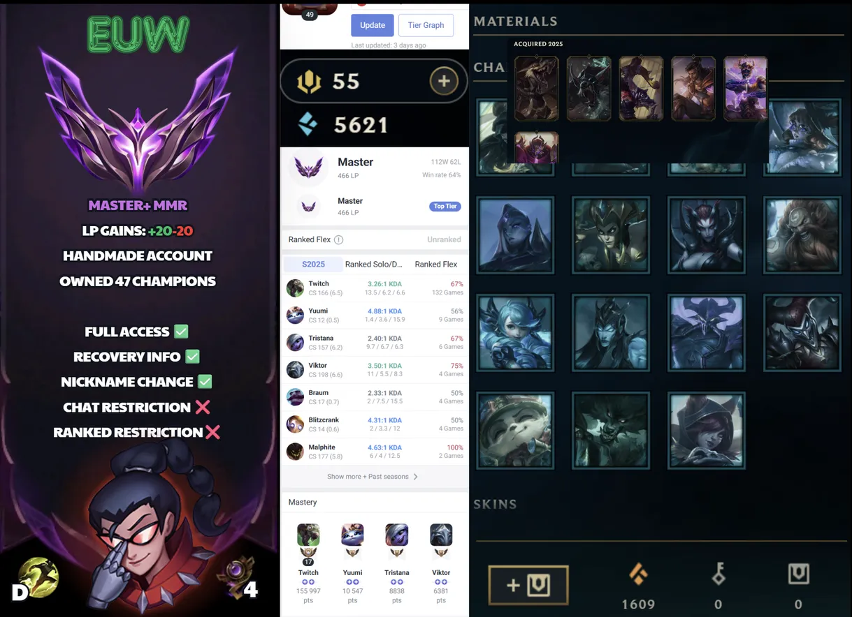 🌍 EUW 🔒 Handlevel ⚡️ Master (466 LP) 🥇 ADC Main ✨️ WR:64% 🔥 +20LP Gains 📧 Full Access Account ✅ #SBL-V1T