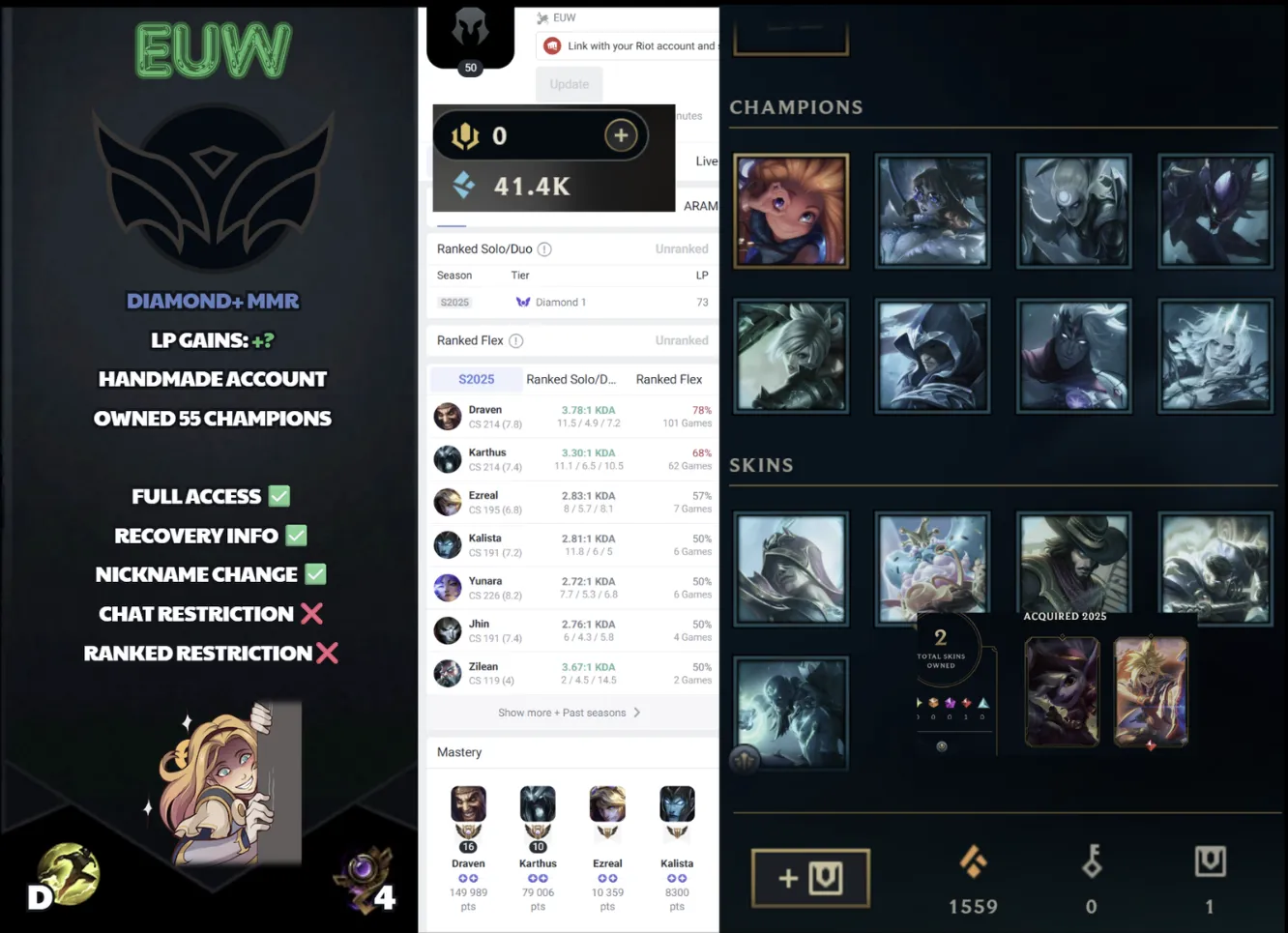 🌍 EUW 🔒 Handlevel ⚡️ Unranked 🥇 Diamond+ MMR ✨️ 55 Champs 🔥 3 Skins  📧 Full Access Account ✅ #SBL-5M4