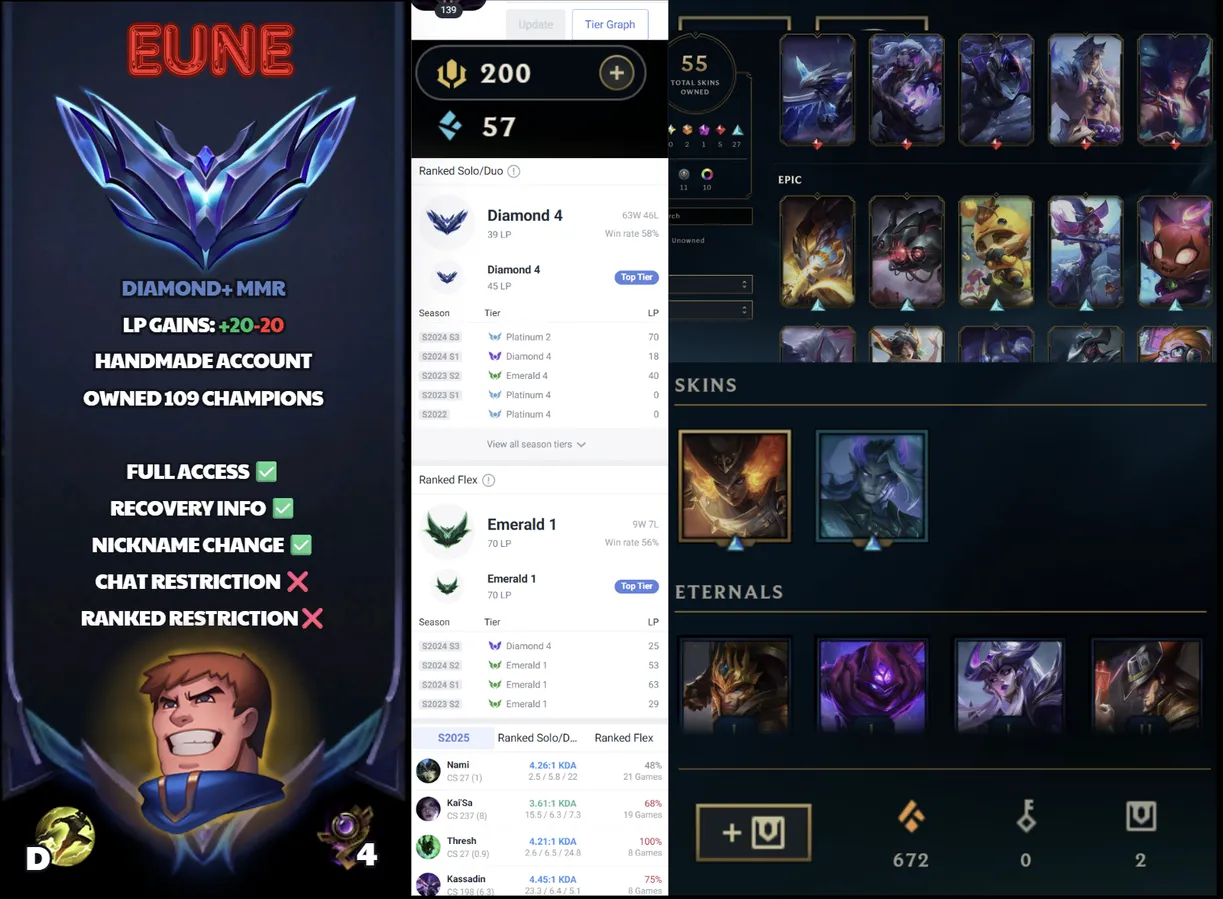 🌍 EUNE 🔒 Handlevel ⚡️Diamond IV (39 LP) 🥇 Support/Adc ✨️ 109 Champs + 55 Skins 📧 Full Access Account ✅ #SBL-8E5
