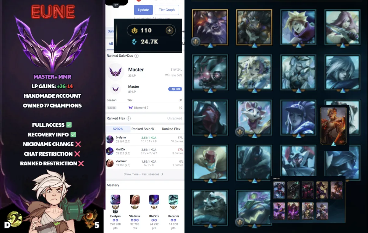 🌍 EUNE 🟢 Season 2026 ❤️‍🔥 Master (33 LP) 📌️ Jungle Main ✨️ +26LP Gains 🔥 77 Champs  🔐 Lifetime Ownership 🏷️ #SBL-7C5