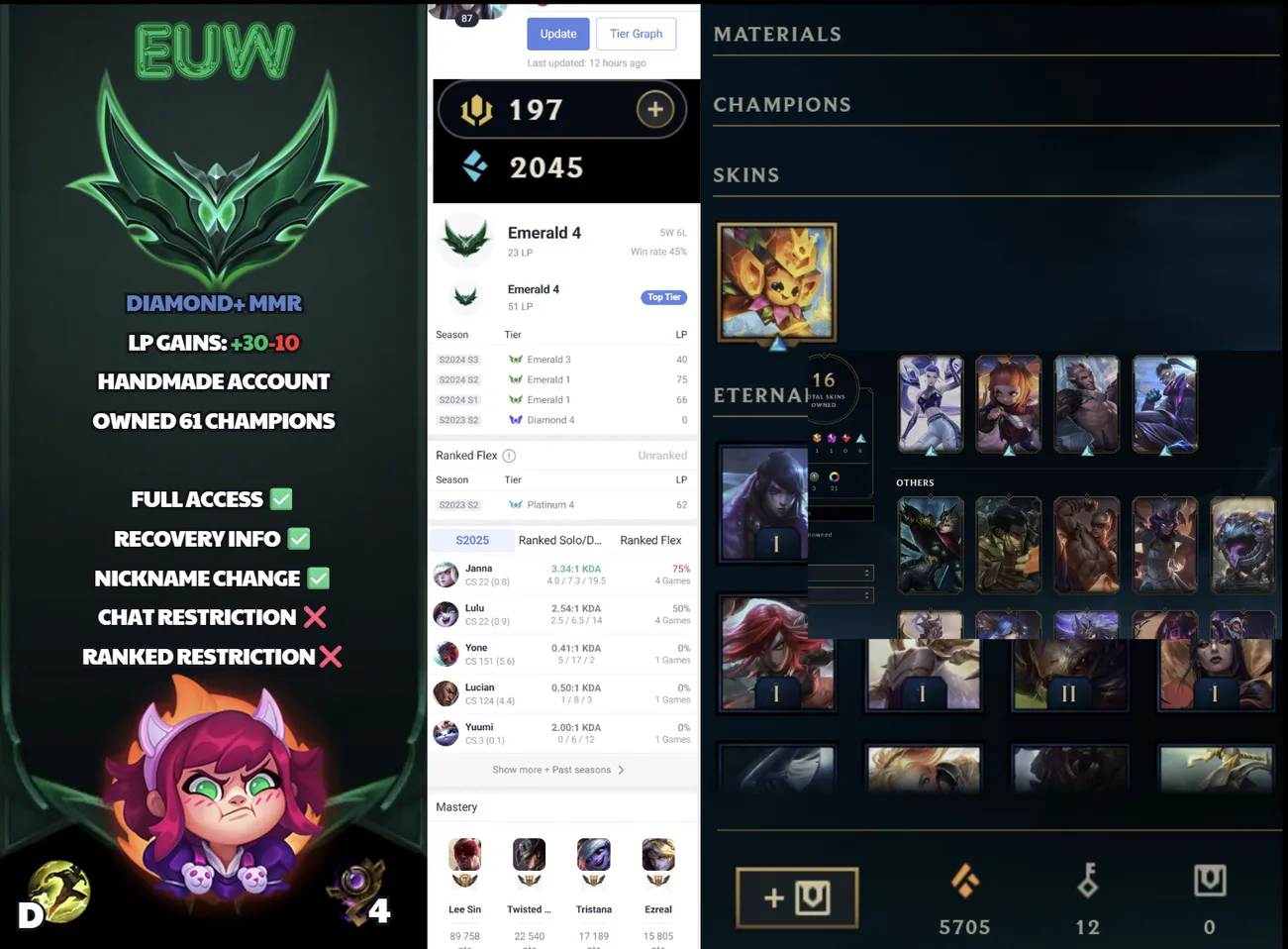 🌍 EUW 🔒 Handlevel ⚡️ Emerald IV (23 LP) 🥇 Support Main ✨️ Diamond MMR 🔥 +30LP Gains 📧 Full Access Account ✅ #SBL-1N2
