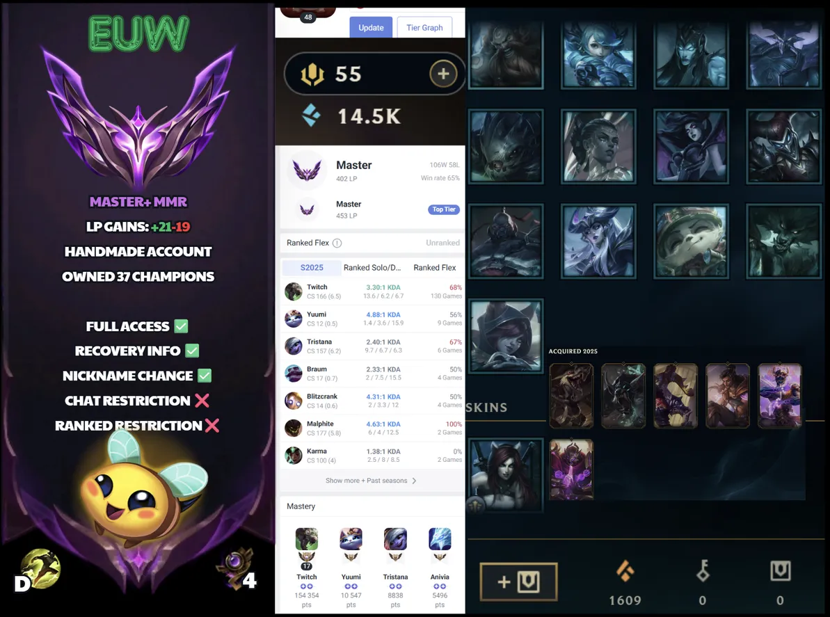 🌍 EUW 🔒 Handlevel ⚡️ Master (402 LP) 🥇 ADC/Support Main ✨️ WR:65% 🔥 High MMR  📧 Full Access Account ✅ #SBL-1C8