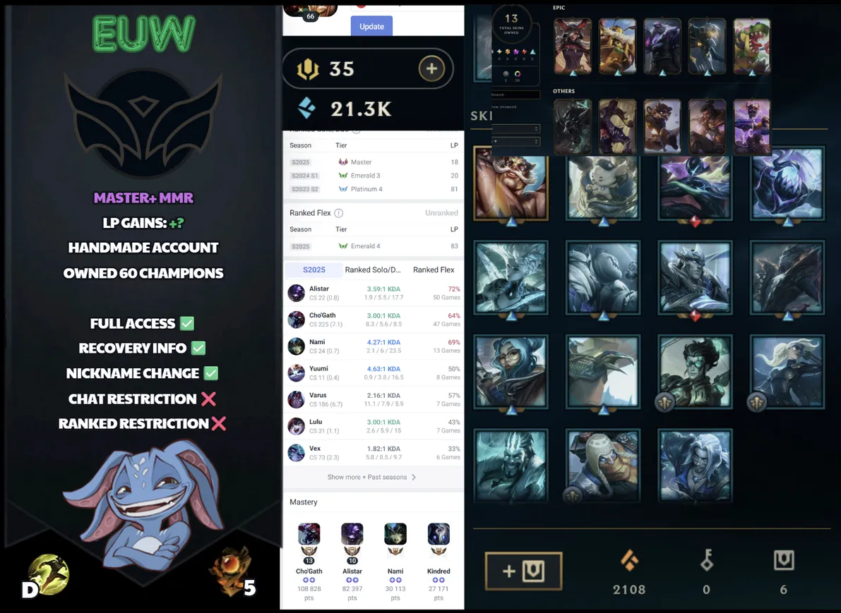 🌍 EUW 👑 Season 16 (Current) 🔥 Unranked 📌️ SUPP Main 💎️ Master S15 ✨️ Master+ MMR 🔐 Lifetime Ownership 🏷️ #SBL-U1V