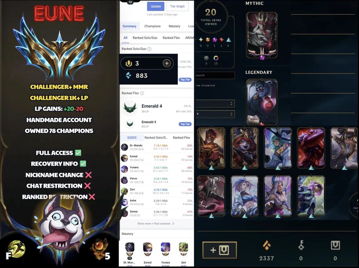 🌍 EUNE 🔒 Handlevel ⚡ Challenger I (1014 LP)✨ WR:75% 🔥 Prestige Visions of the Fallen J4 ♾️ Lifetime Ownership 📧 Full Email Access ✅ Full Ownership Transfer #SBL-6BK