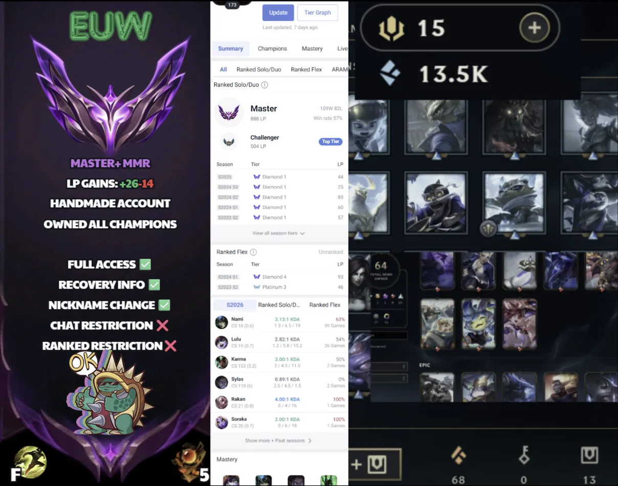 🌍 EUW 👑 Season 16 (Current) 🔥 Master (888 LP) 📌️ Supp Main 💎️ WR:57% ✨️ 64 Skins + Insane Loot 🔐 Lifetime Ownership 🏷️ #SBL-6M3
