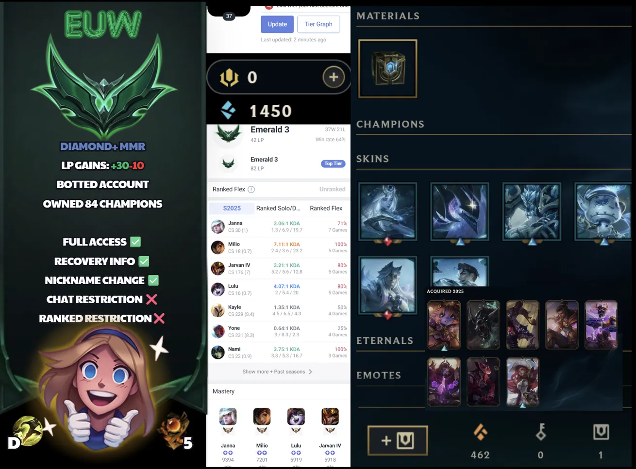 🌍 EUW 🔒 Handlevel ⚡️ Emerald III (32 LP) 🥇 Support Main ✨️ WR:63% 🔥 +30LP Gains 📧 Full Access Account ✅ #SBL-8A7