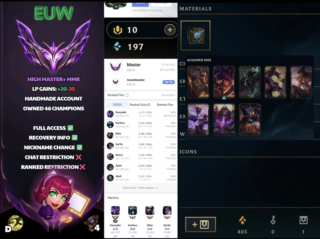 🌍 EUW 🔒 Handlevel ⚡️ Master (628 LP) 🥇 Mid Main ✨️ WR:56% 🔥 979LP Grandmaster Peak 📧 Full Access Account ✅ #SBL-4Z6