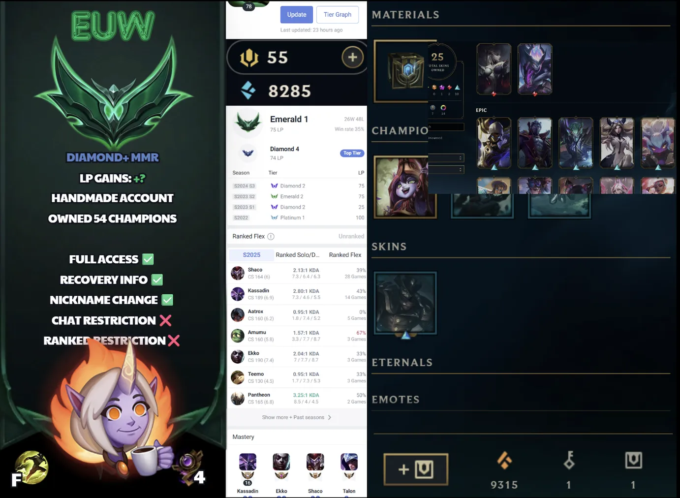 🌍 EUW 🔒 Handlevel ⚡️ Emerald I (75 LP) 🥇 JUNGLE/MID ✨️ 25 Skins 🔥 Diamond+ MMR  📧 Full Access Account ✅ #SBL-X6C