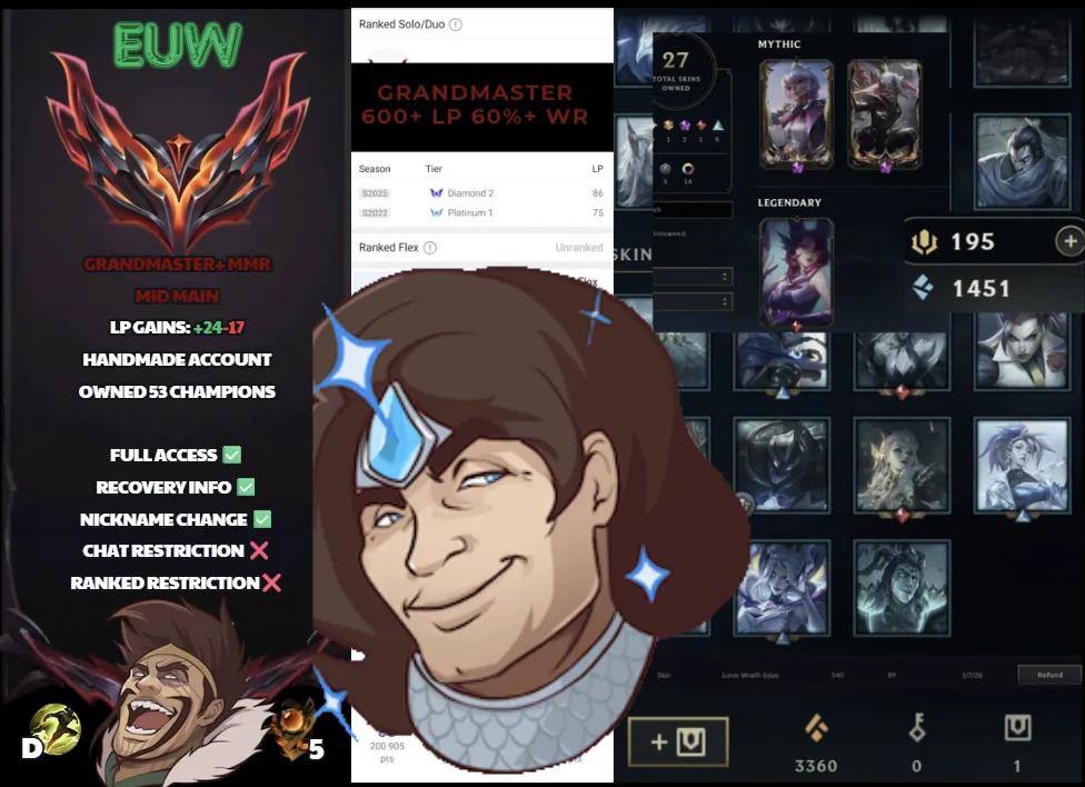 🌍 EUW 🟢 Season 2026 🏅 Grandmaster (600+ LP) 📌️ Mid Main ✨️ WR:64% 🔥 +24LP Gains 🔐 Lifetime Ownership 🏷️ #SBL-X4G