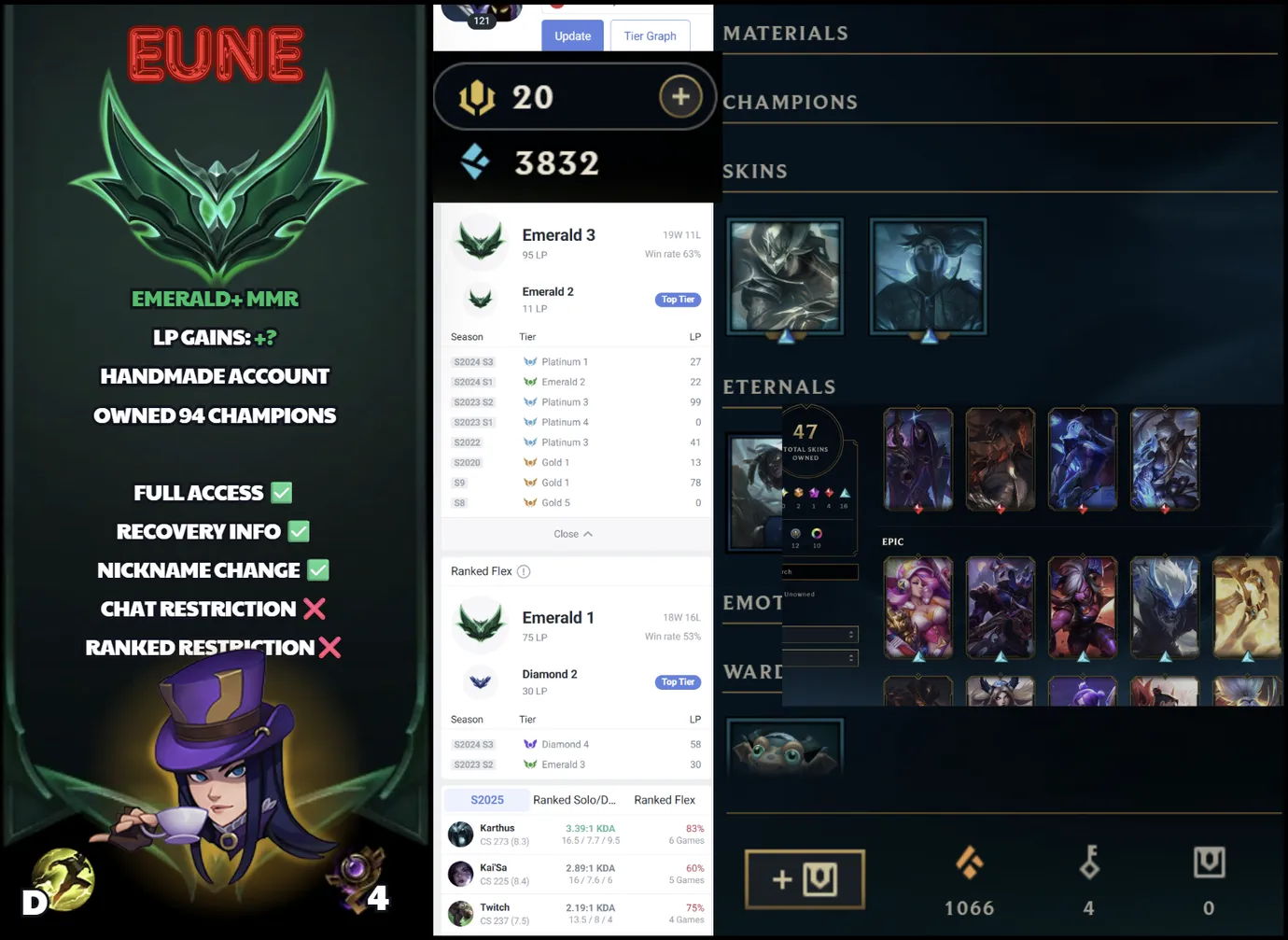 🌍 EUNE 🔒 Handlevel ⚡️Emerald III (95 LP) 🥇 Adc Main ✨️ WR:61% 🔥 47 Skins + 94 Champs  📧 Full Access Account ✅ #SBL-B3V
