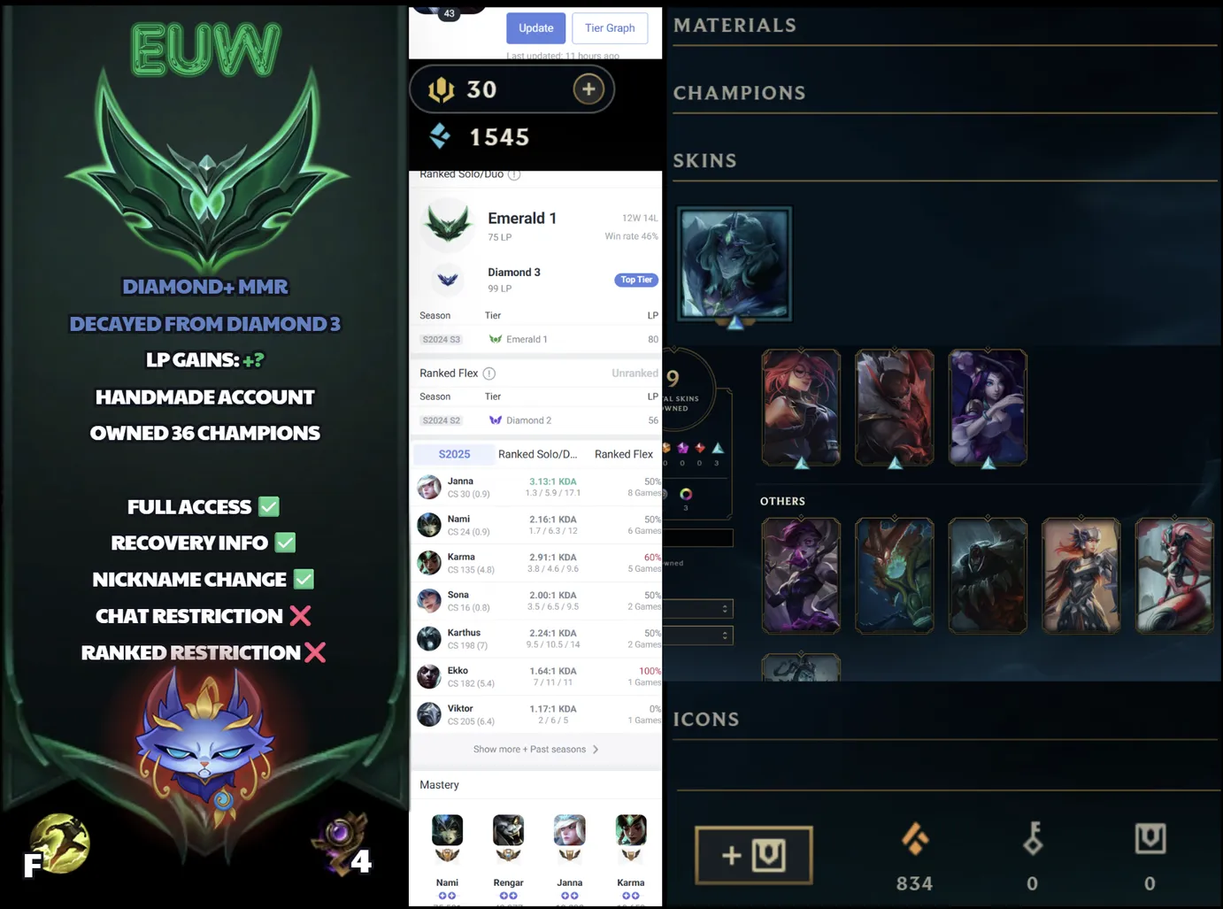🌍 EUW 🔒 Handlevel ⚡️ Emerald I (75 LP) ✨️ Decayed from Diamond 3 🔥 36 Champs + 9 Skins ♾️ Lifetime Ownership 📧 Full Access Account ✅ #SBL-X7E