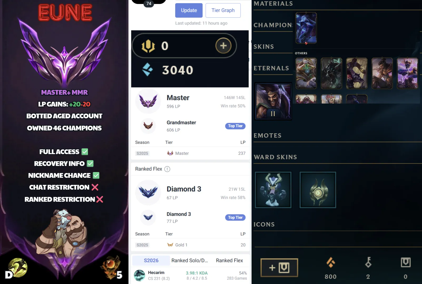 🌍 EUNE 👑 Season 16 (Current) 🔥 Master (596 LP) 📌️ JNG Main 💎️ Grandmaster Peak ✨️ +20LP Gains 🔐 Lifetime Ownership 🏷️ #SBL-A9W