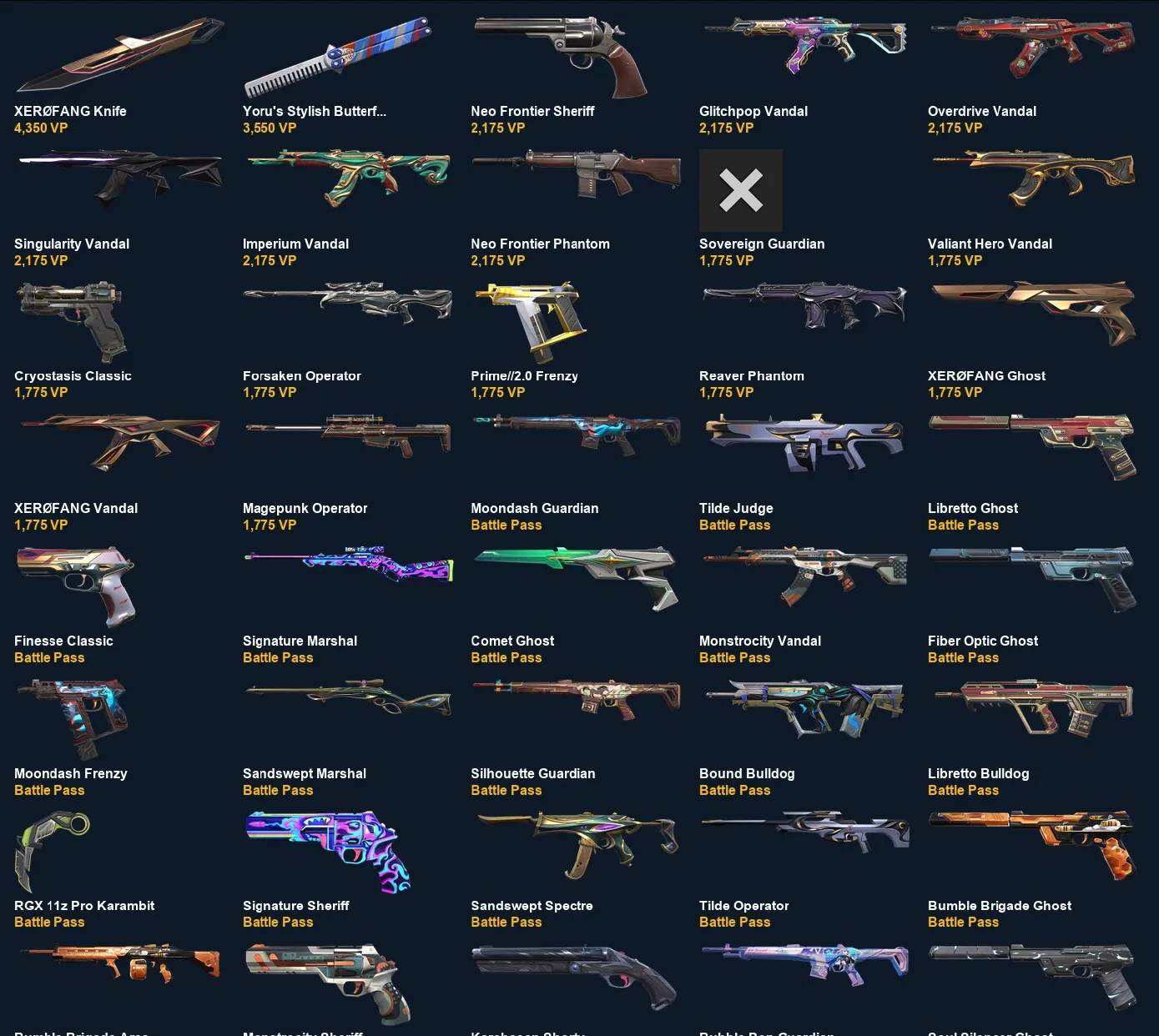 V108 //XEROFANG Knife, RGX 11z Pro Karambit, Singularity Vandal, Neo Frontier Sheriff, Overdrive Vandal, Glitchpop Vandal,