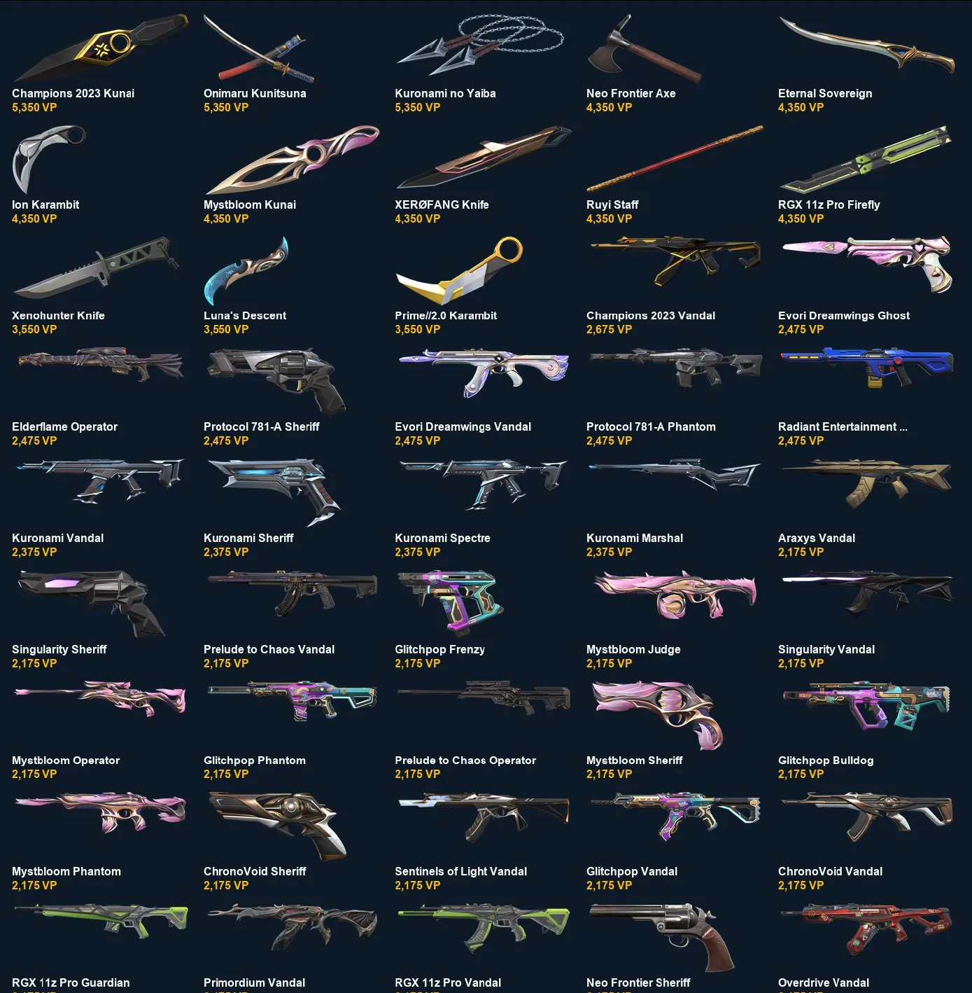 V102 //Onimaru Kunitsuna, Kuronami no Yaiba, Prime//2.0 Karambit, Champions 2023 Kunai, RGX 11z Pro Firefly, RGX 11z Pro Vandal, XEROFANG Knife, Mystbloom Kunai, Champions 2023 Vandal