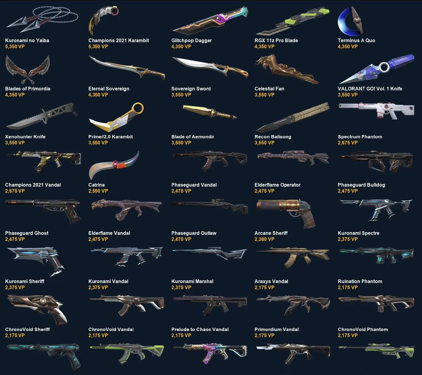V110 //Kuronami no Yaiba, Champions 2021 Karambit, Arcane Sheriff, Glitchpop Dagger, RGX 11z Pro Blade, Prime 2.0 Karambit, Phaseguard Vandal, Elderflame Operator, 174 Skins, 22 Agents