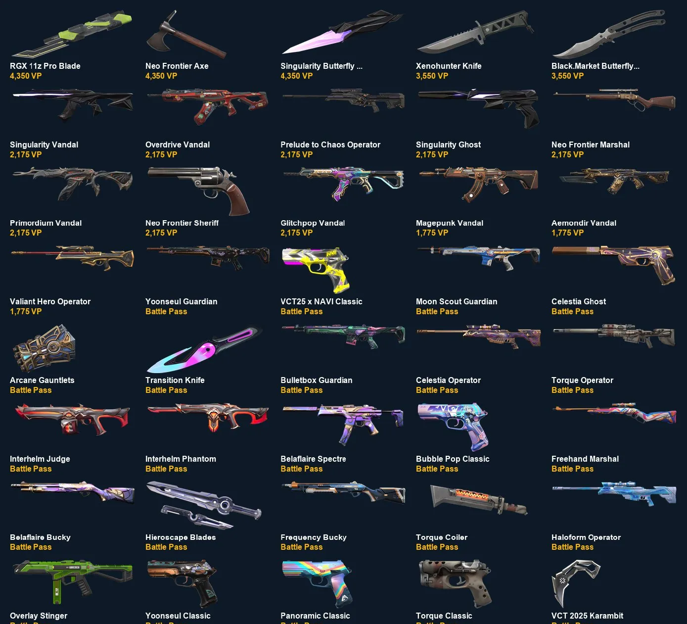V105 //VCT 2025 Karambit, Singularity Butterfly Knife, Black.Market Butterfly Knife, RGX 11z Pro Blade, Neo Frontier Axe, Xenohunter Knife, Singularity Vandal