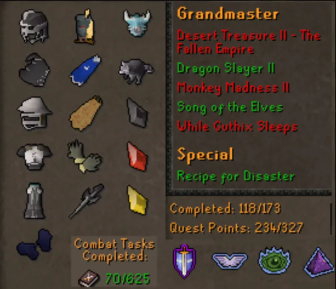 OSRS Account - [ End Game Main ] [ 1701 Total | 234 QP ] 85 ATT | 92 STR | 85 DEF | 99 RANGE | 87 MAGE | 86 Farming | Loaded With Untradables | DS2 | SOTE | Legacy #106223343