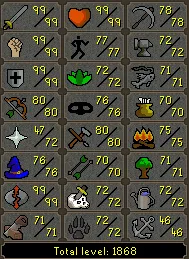 OSRS Account - [ Quest Cape End Game Main ] [ 1868 Total | 332 QP ] 99 ATT | 99 STR | 99 DEF | 99 RC | 80 RANGE | 76 MAGE | Loaded With Untradables | 72 Slayer | 72 Farming | Rift Pet | Legacy #112616801