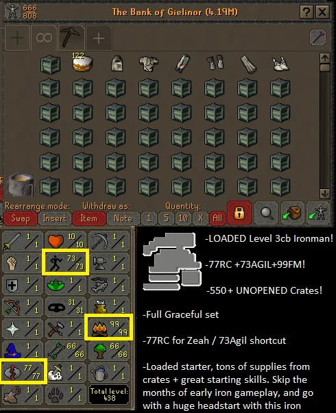 OSRS Account - Iron Account [ No Email Set ] 77 RC | 99 FM | 73 Agility | 3 Combo Iron | Full Graceful | Banked Crates #442548