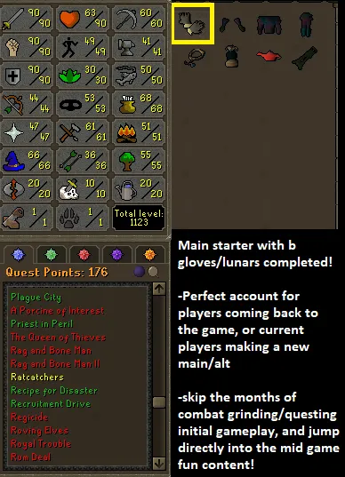 OSRS Account - Main Account - [ No Email Set ] - Base 90 Melee Stats - Bgloves | Lunars Quested - 176 QP #442578