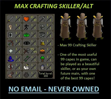 OSRS Account - MAX 99 Crafting Skiller - [ No Email Set ] - Unlimited Bank Teleports (Cape) - Level 3 CB #1094949