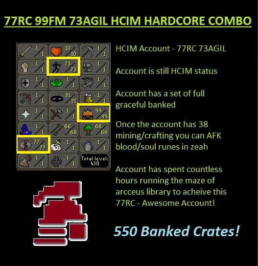 OSRS Account - HCIM Hardcore Iron Account [ No Email Set ] 77 RC | 99FM | 73 Agil | Full Graceful | 550 Banked Crates #447196