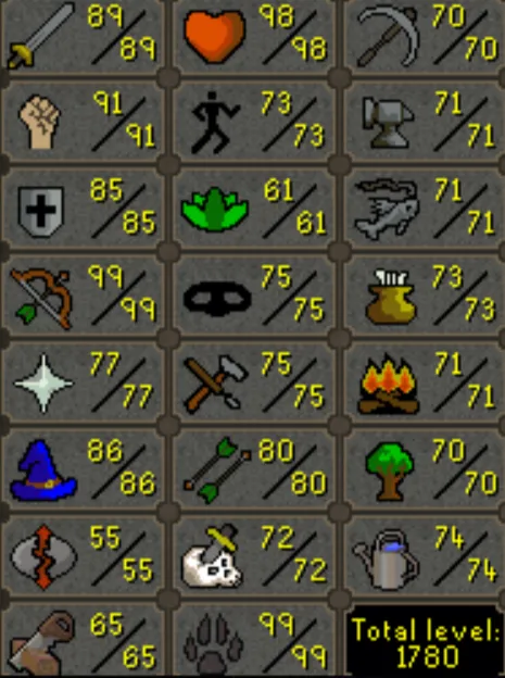 OSRS Account - [ End Game Main ] [ 1780 Total | 222 QP ] 89 ATT | 91 STR | 85 DEF | 99 RANGE | 99 Hunter | 86 MAGE | Loaded With Untradables | DS2 | MM2 | Launch #106223383