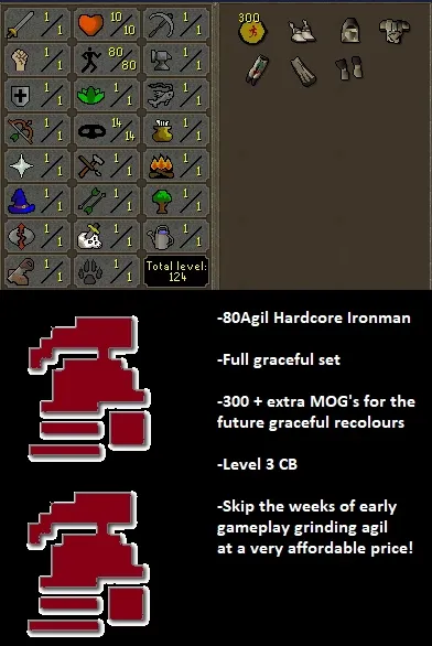 OSRS Account - HCIM Hardcore Iron Account [ No Email Set ] 80 Agility / Full Graceful - 300+ MOG's #437962
