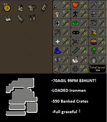 OSRS Account - Iron Account [ No Email Set ] 70 Agil / 99FM / 83 HUNT / 3 Combo Iron / Full Graceful / Banked Crates #438540