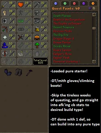 OSRS Account - DT Quested Pure Starter [ No Email Set ] DT / Mith Gloves / 1 Defence #435836