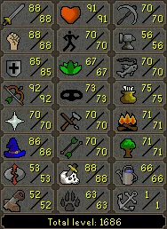 OSRS Account - [ No Email Set ] [ 1686 Total | 191 QP ] 88 ATT | 88 STR | 85 DEF | 92 RANGE | 86 MAGE | 88 Slayer | B Gloves | Lunars | Fire Cape | D Defender | More | Legacy #115785729