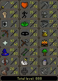 OSRS Account - [ No Email Set - Baby Pure ] [ 888 Total | 87 QP ] Infernal Cape | Dizana's Quiver | Imbued Zamorak Cape | DT | Mithril Gloves | Guthix Cape | Ava | CB LVL 65 #110376671