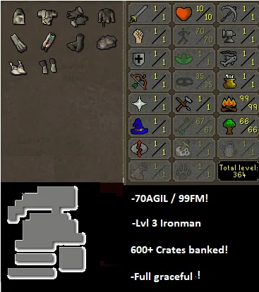 OSRS Account - Ironman Account [ No Email Set ] 70 Agil / 99FM / 600 Crates / Graceful #437600