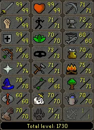 OSRS Account - [ Quest Cape End Game Main ] [ 1730 Total | 328 QP ] 99 ATT | 99 STR | 99 DEF | 76 RANGE | 78 MAGE | Loaded With Untradables | 70 Slayer | 70 Farming | Legacy #108340877