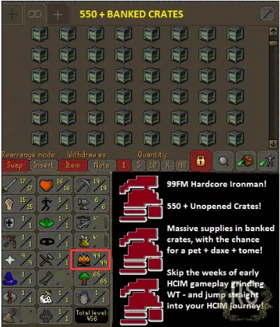 OSRS Account - HCIM Hardcore Iron Account [ No Email Set ] 99FM - 550 Banked Unopen Crates #437988
