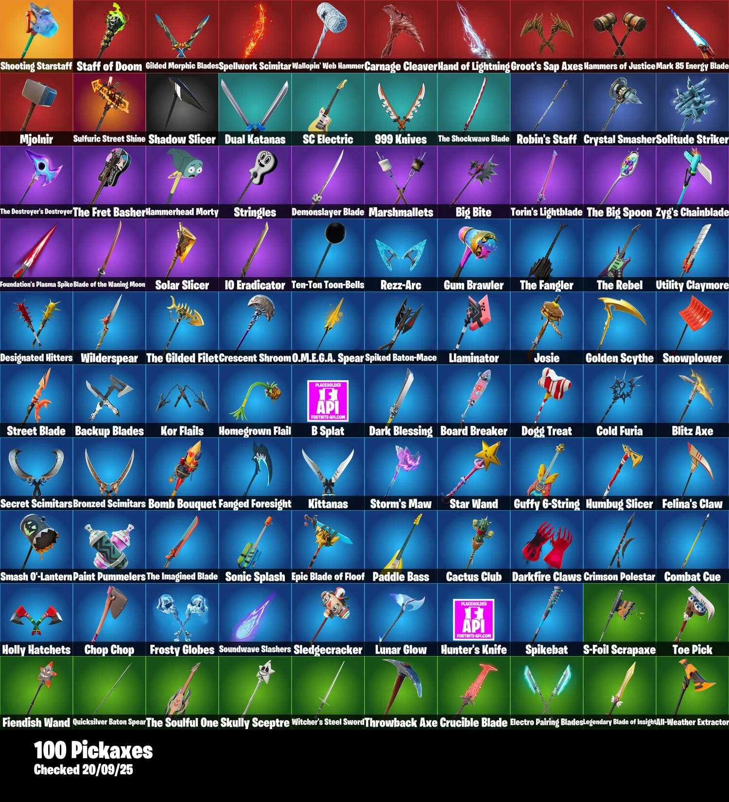 F1215 74 Skins Including Shooting Starstaff, Sunny, Lt. John Llama, The Foundation, Tony Stark, Spider-Man, Doctor Doom, Superman, Rick Sanchez, Gumbo, Kymera, Nezumi, Ronin, Thor, Groot, Wolverine, Ruby Shadows, Marshinobi, Doom Slayer, Aura (G)