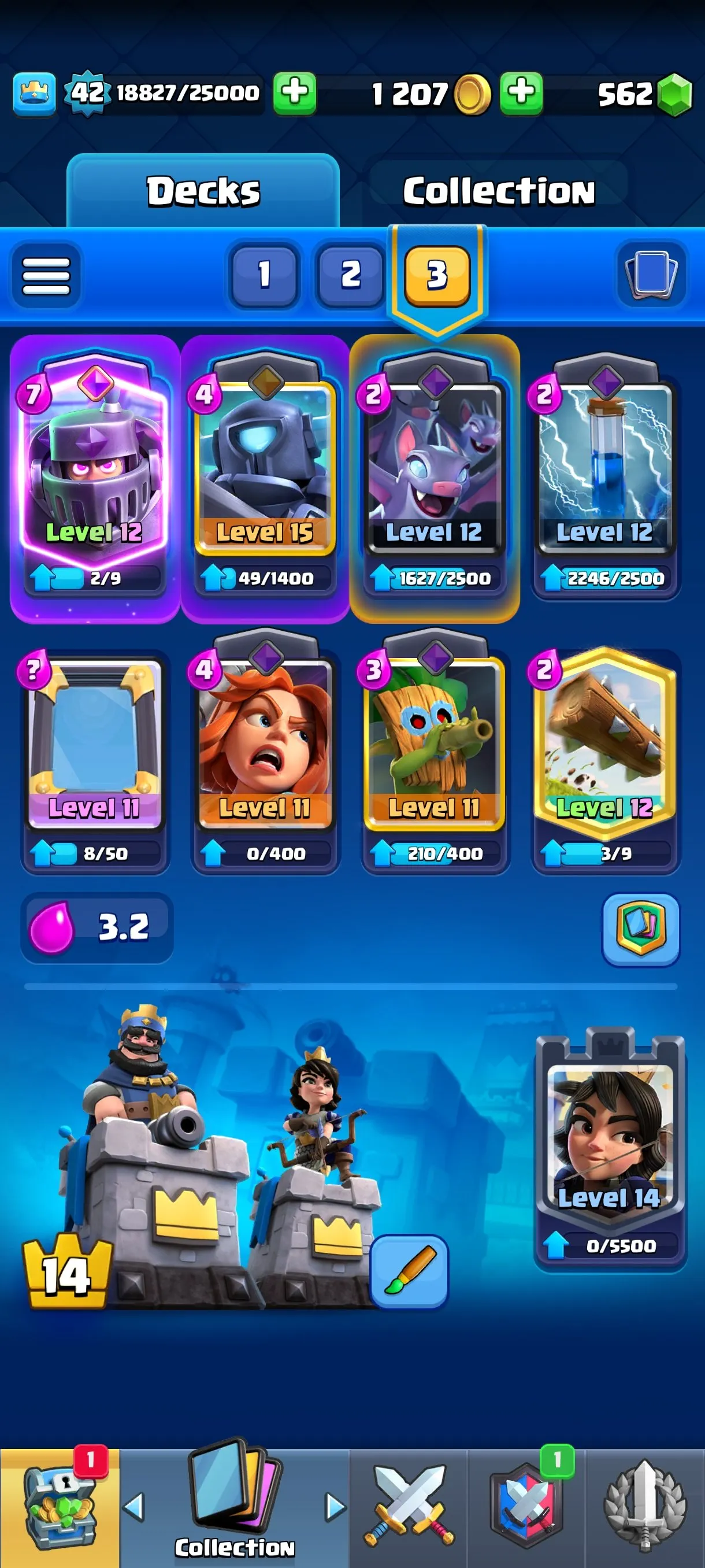 CR679 7530 cups 9 Evolutions 121 cards 562 gems King 42 Arena 20 53 emotes 2 tower skins rich badges collection